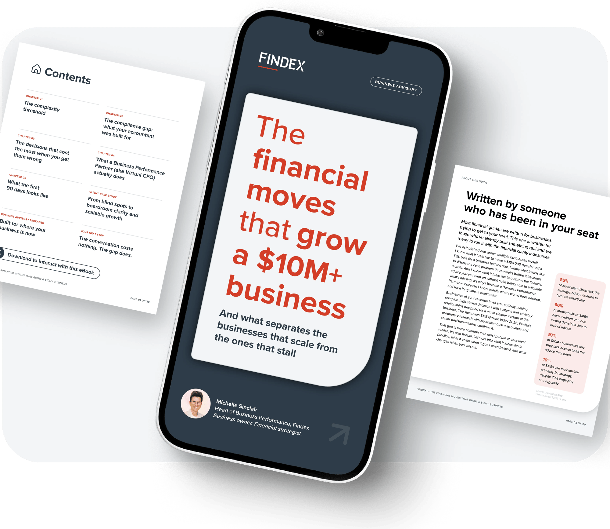 Preview of the Findex Business Performance Guide displayed on a smartphone screen and as printed pages, showing the guide cover and chapter contents Preview of the Findex Business Performance Guide displayed on a smartphone screen and as printed pages, showing the guide cover and chapter contents